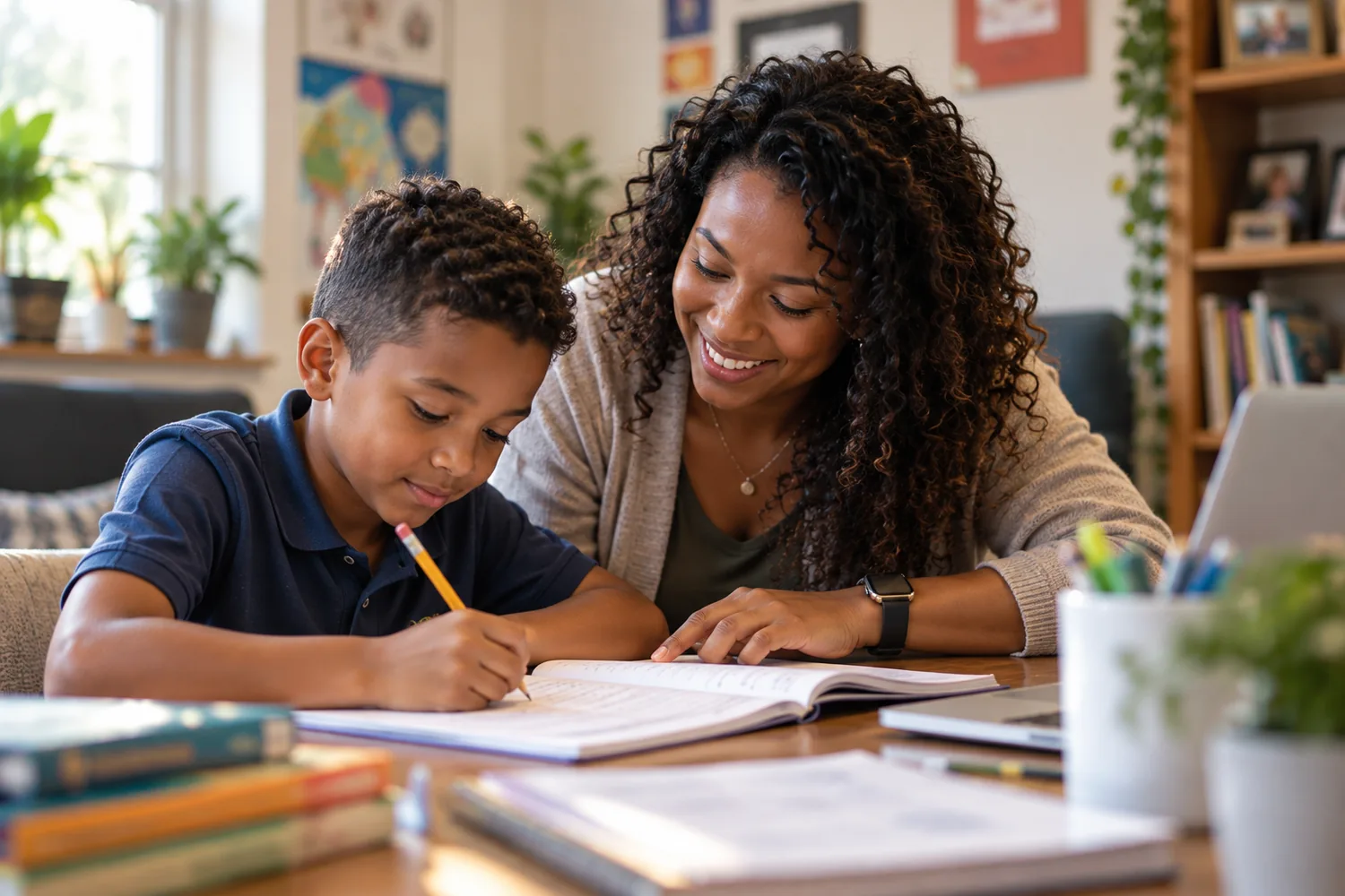 A teacher sitting beside a boy at a table, guiding him through written work.
