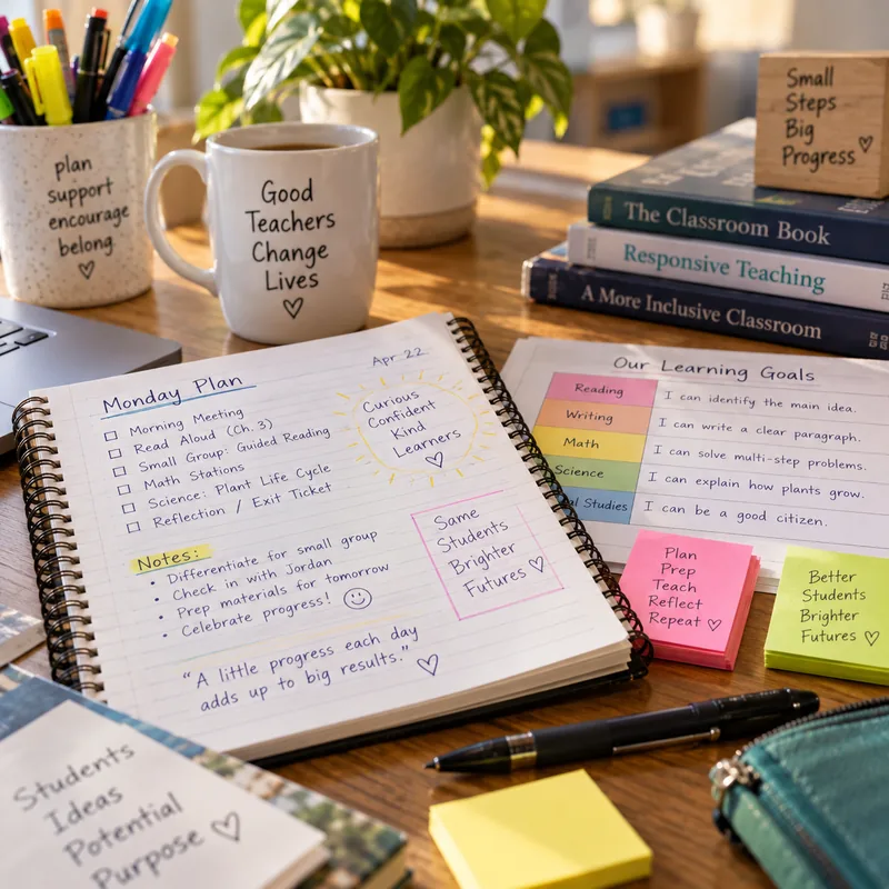 A marked-up weekly planner, sticky notes and a mug of pens on a teacher's desk.