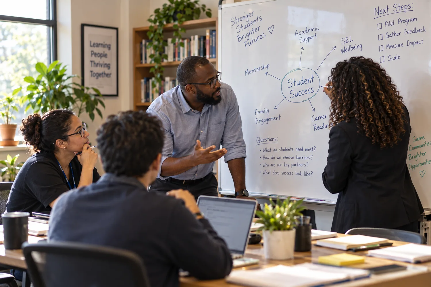 A small team standing at a whiteboard, working through a plan together.