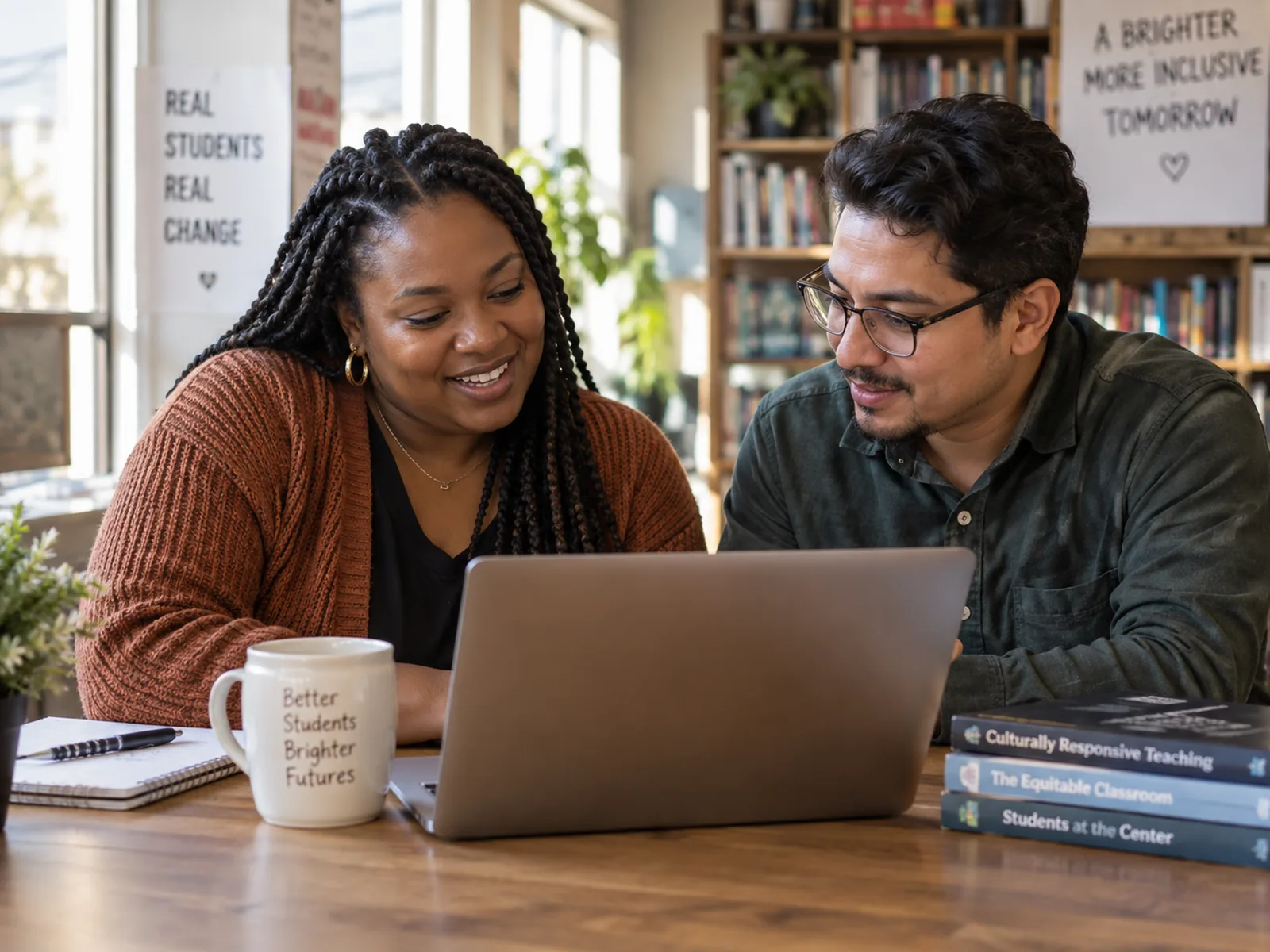 Two educators at a laptop, one showing the other something on screen.