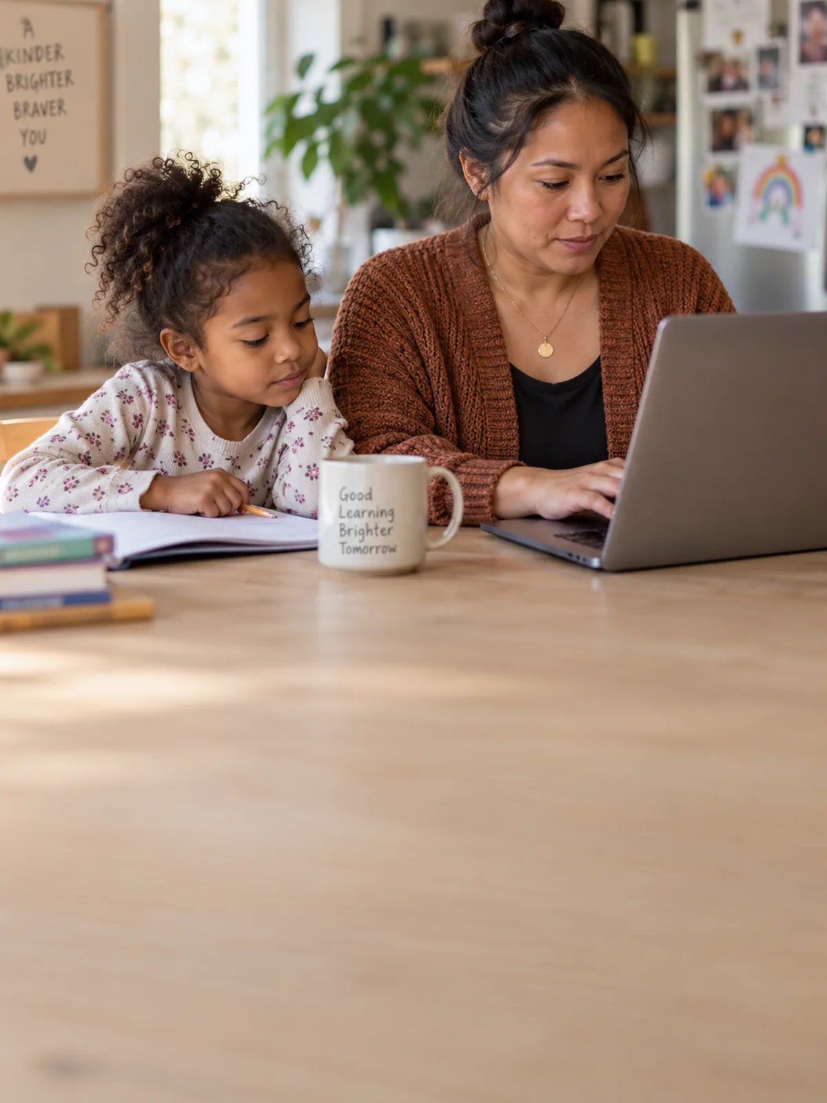 A parent working at a laptop at home with her daughter beside her.
