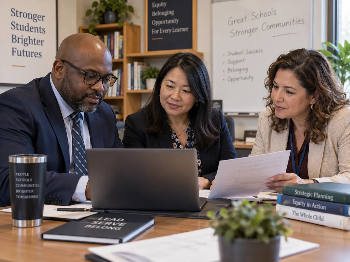 Three district administrators mid-meeting around a laptop.