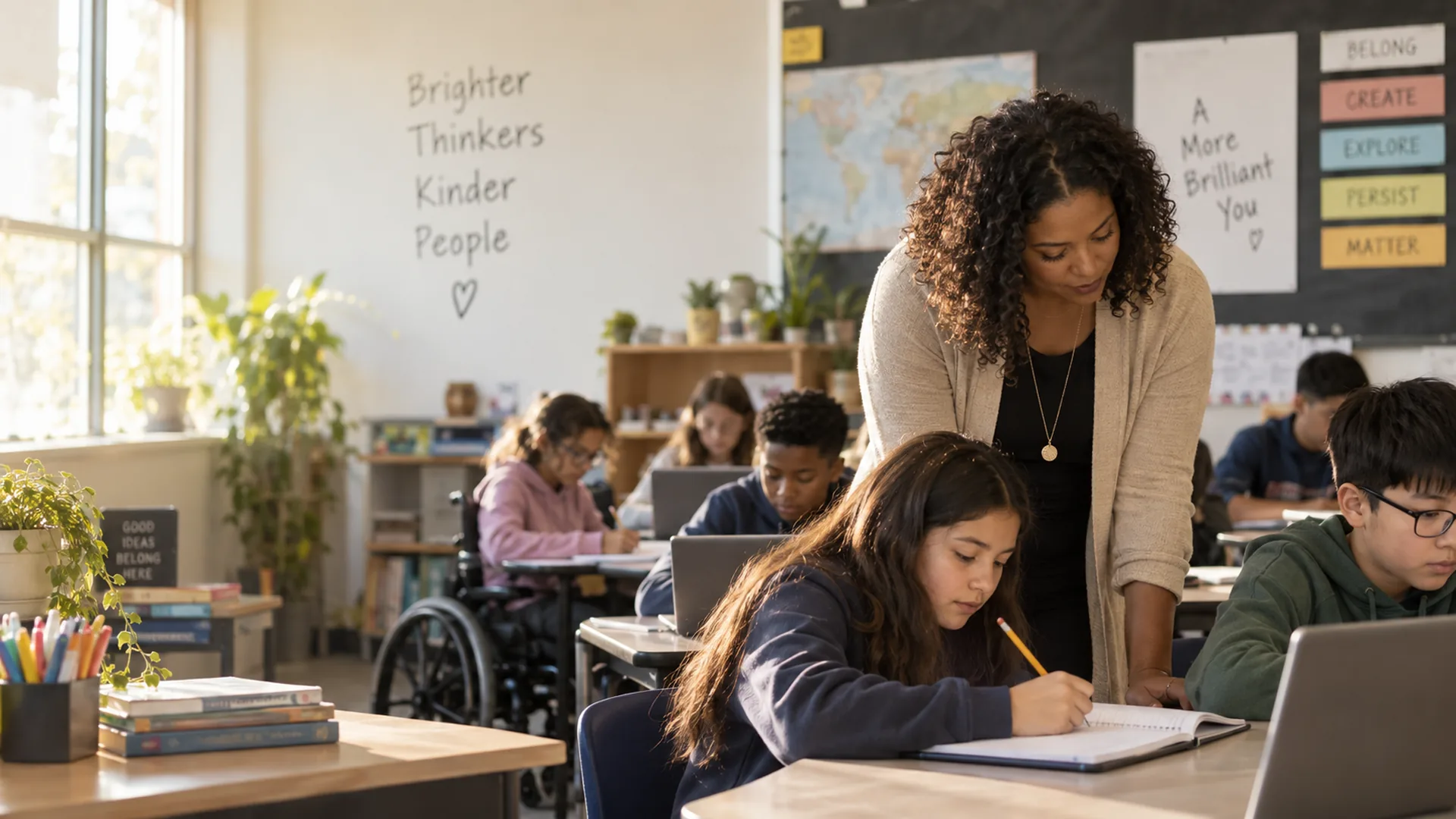 A teacher moving between desks while a class works on laptops.