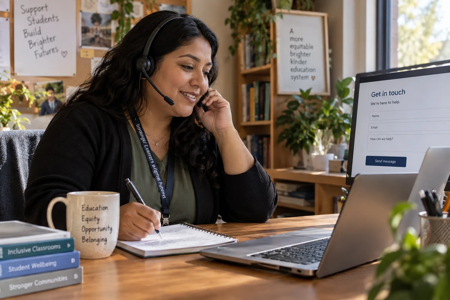 A support specialist on a headset at her desk, mid-call.
