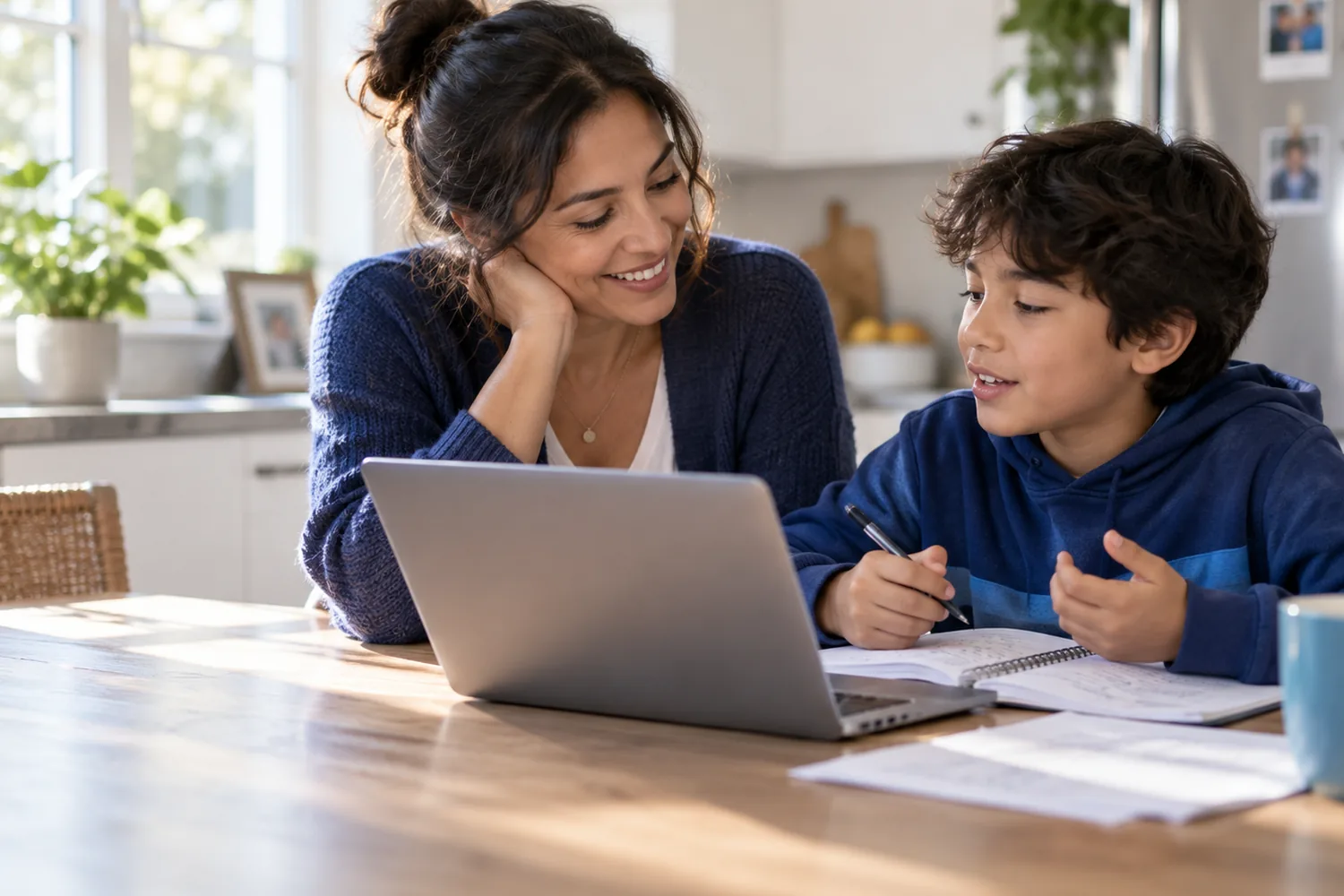 A mother and her son at the kitchen table, laptops open, talking through his work.