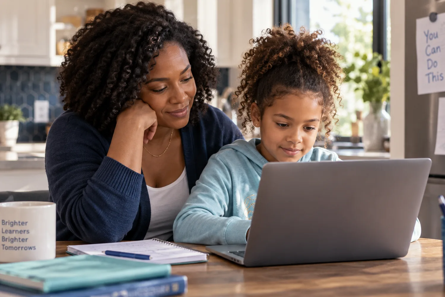 A mother and daughter side by side at a laptop at home.