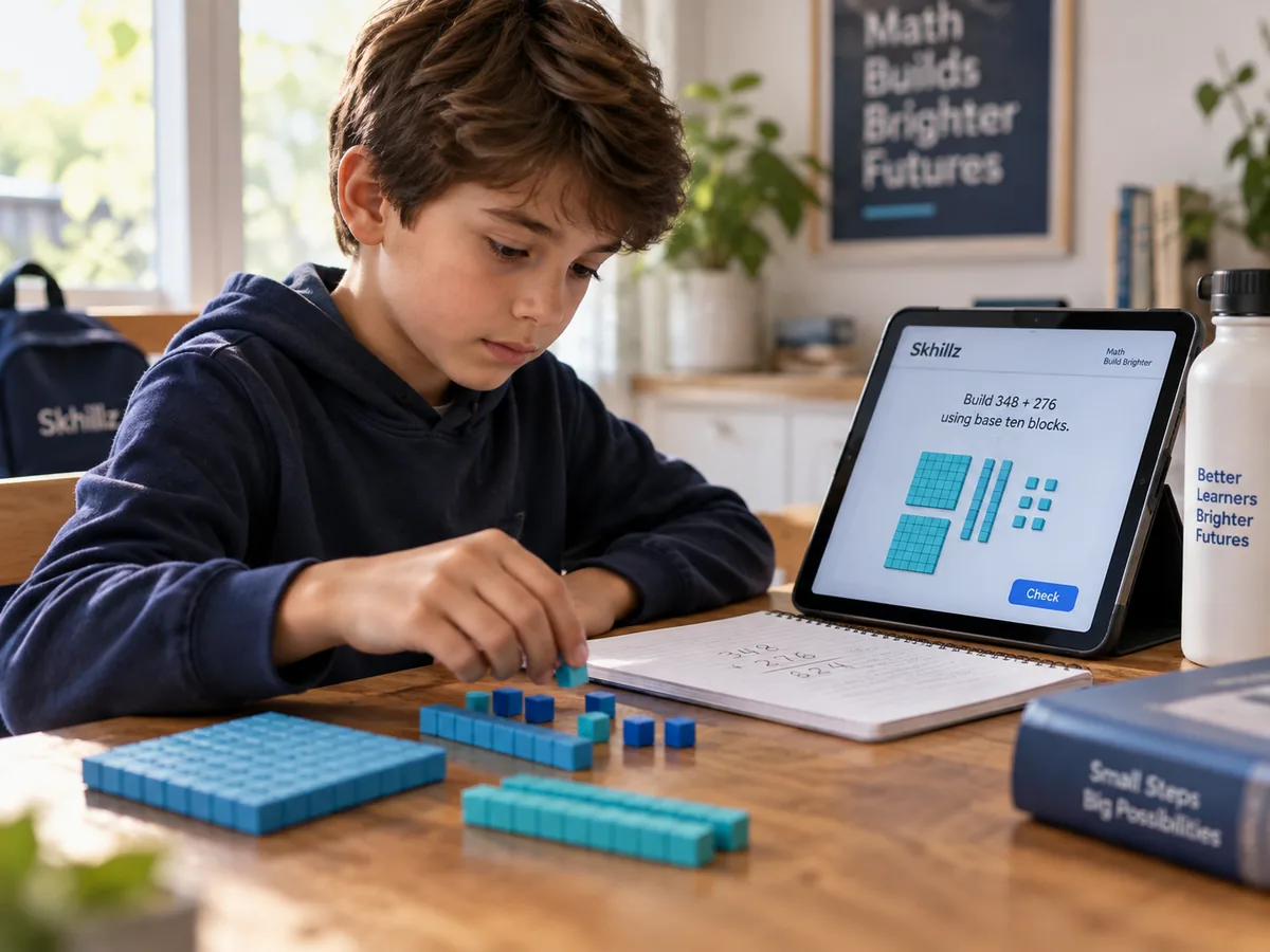 A boy working a math problem with counting blocks beside a tablet.