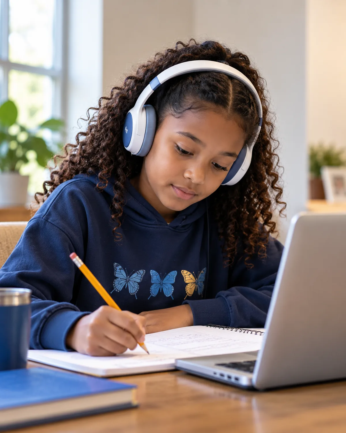 A girl in headphones writing in a notebook beside a laptop, working calmly on her own.