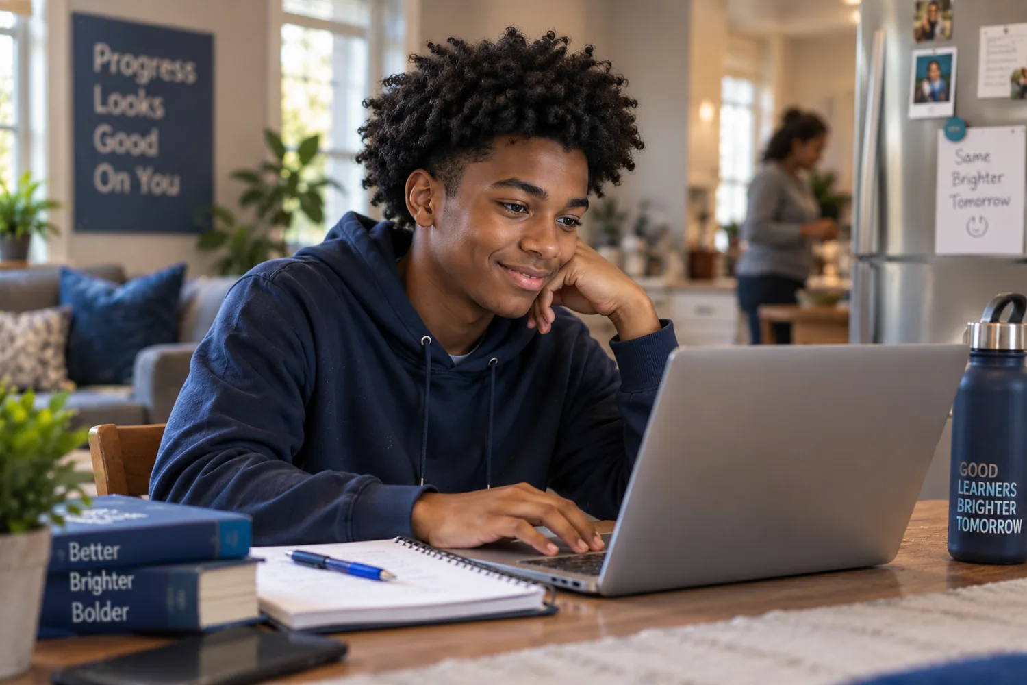 A teenage boy working at a laptop, notebook open beside him.