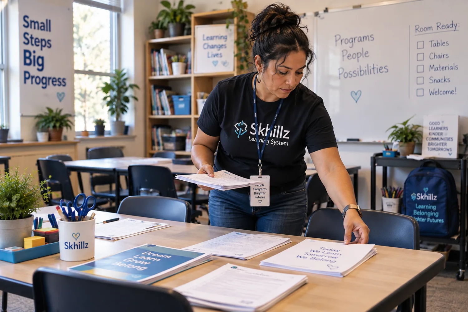 A program lead setting out worksheets on desks before learners arrive.