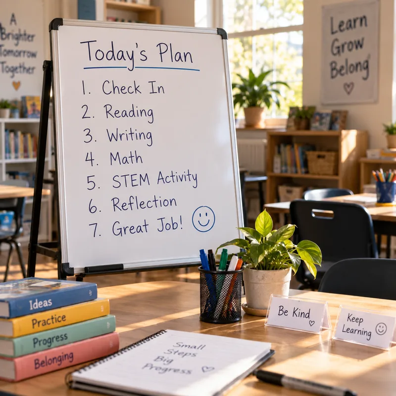 A handwritten daily plan on a whiteboard: check in, reading, writing, math, STEM, reflection.