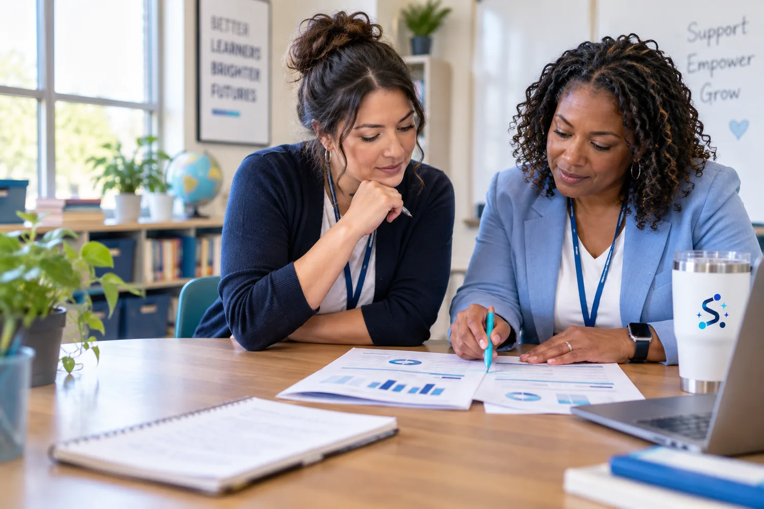 Two adults reviewing a printed report together at a small table.