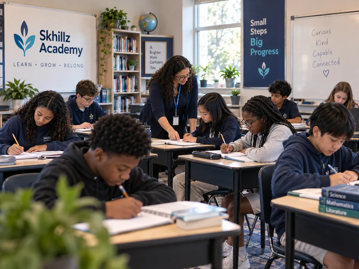A small independent-school classroom, learners writing at individual desks.