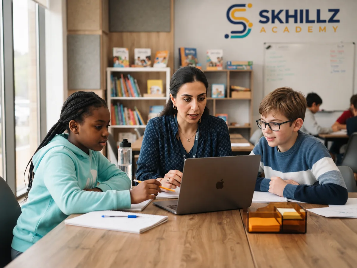 A tutor working with two learners at a table in a learning center.