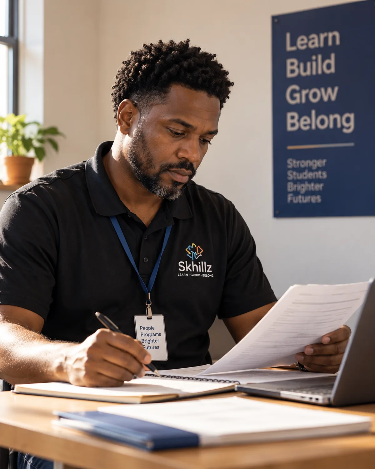 A program lead reading through printed records at a desk.