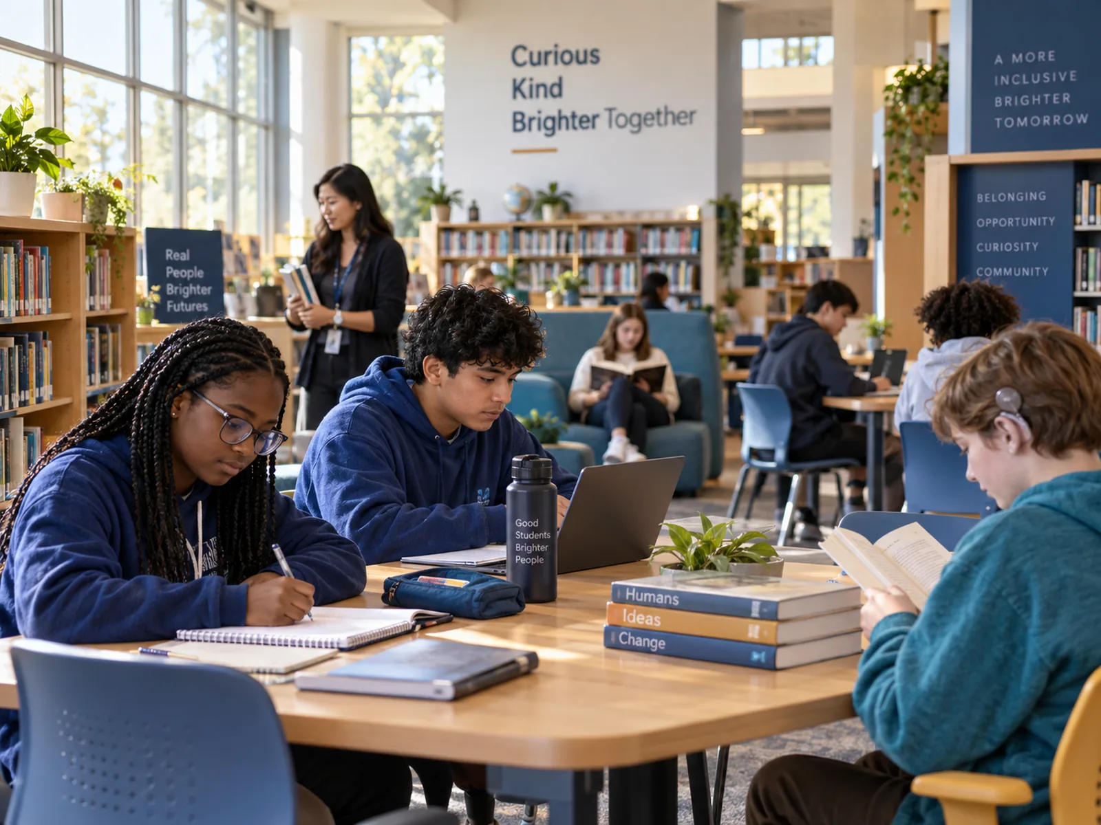 A bright learning commons with learners working at shared tables.