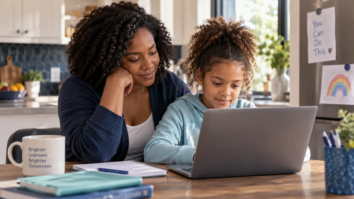 A mother and daughter working together at a laptop at home.