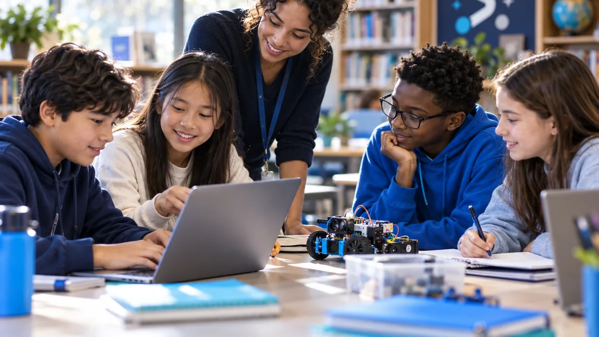 An adult leading a small group of learners through a hands-on project in a library.