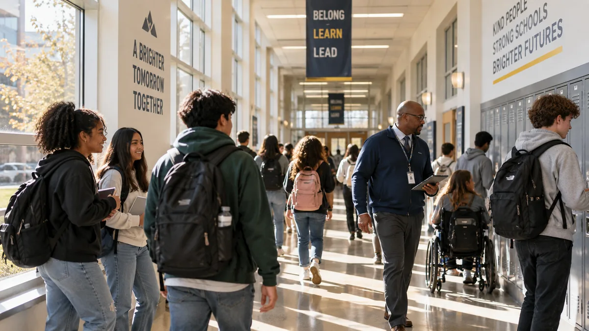 Students moving through a school corridor between classes.