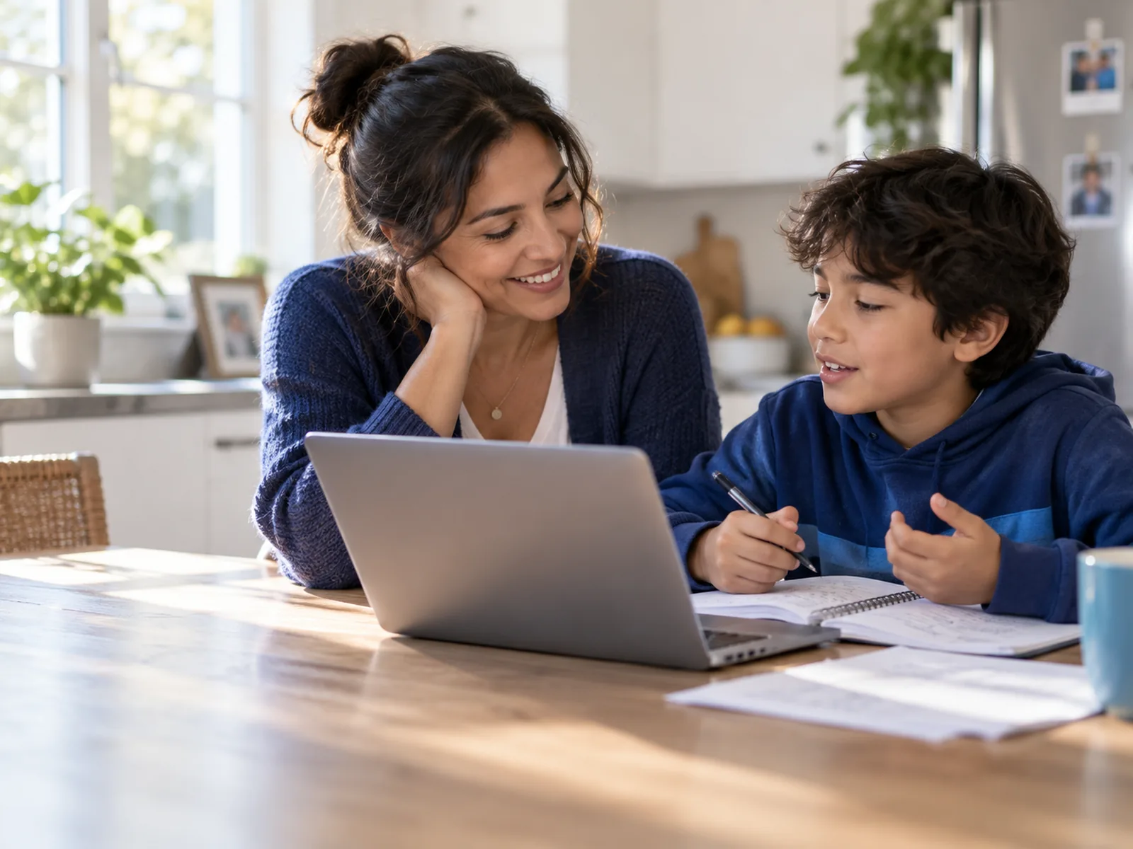 A parent and child mid-conversation over a laptop at the kitchen table.