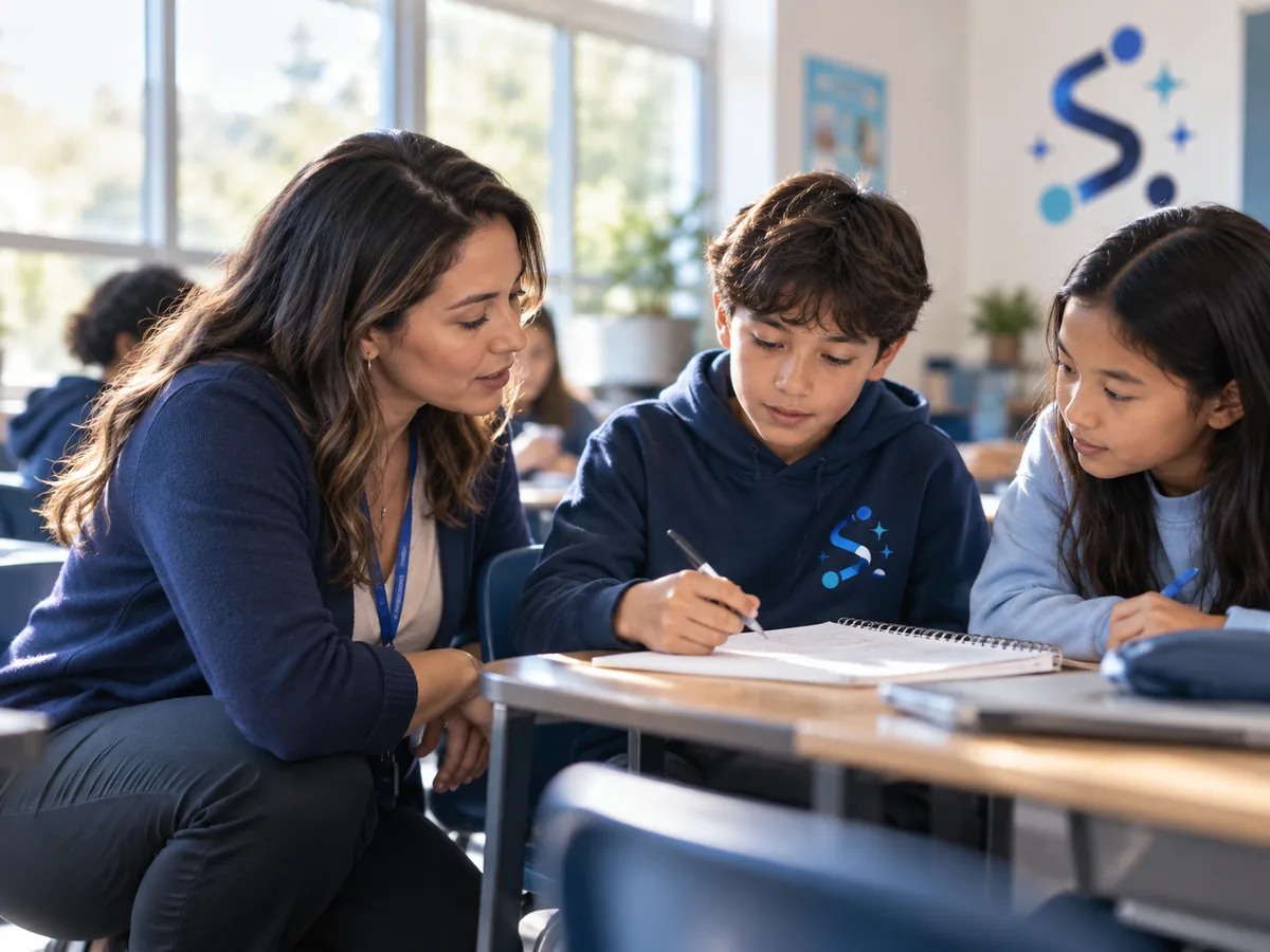 A teacher leaning in beside two students at their desks, mid-explanation.