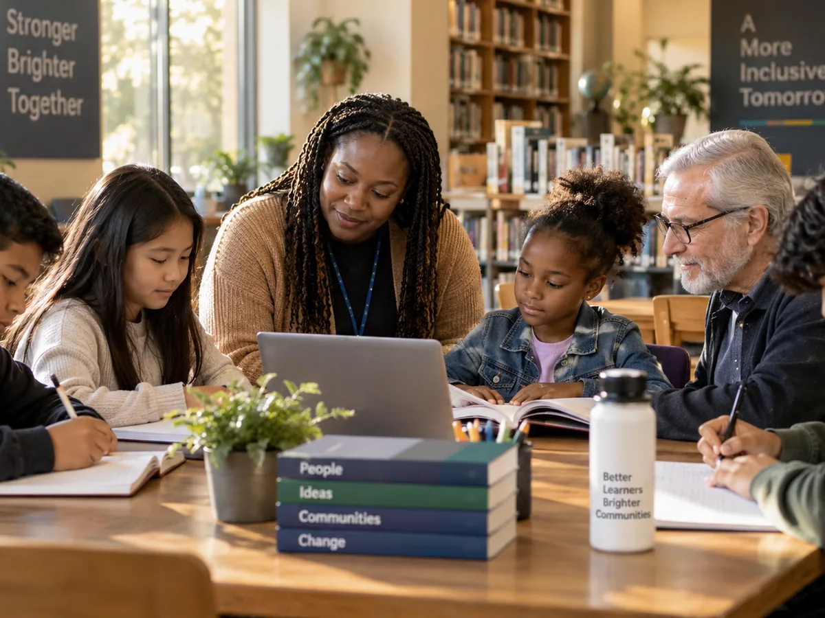 An adult facilitator with a small mixed-age group working at a library table.