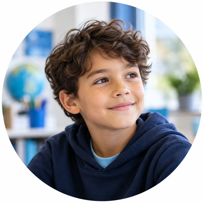 A young learner in a bright classroom, looking off camera.