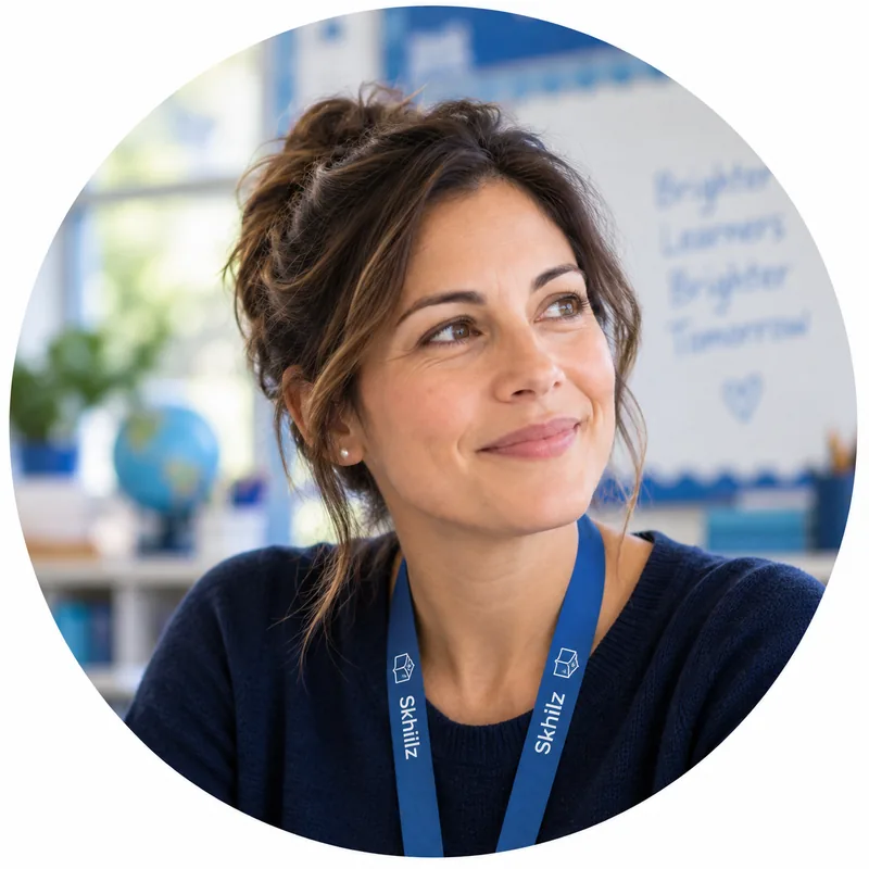A teacher wearing a lanyard in a bright classroom.