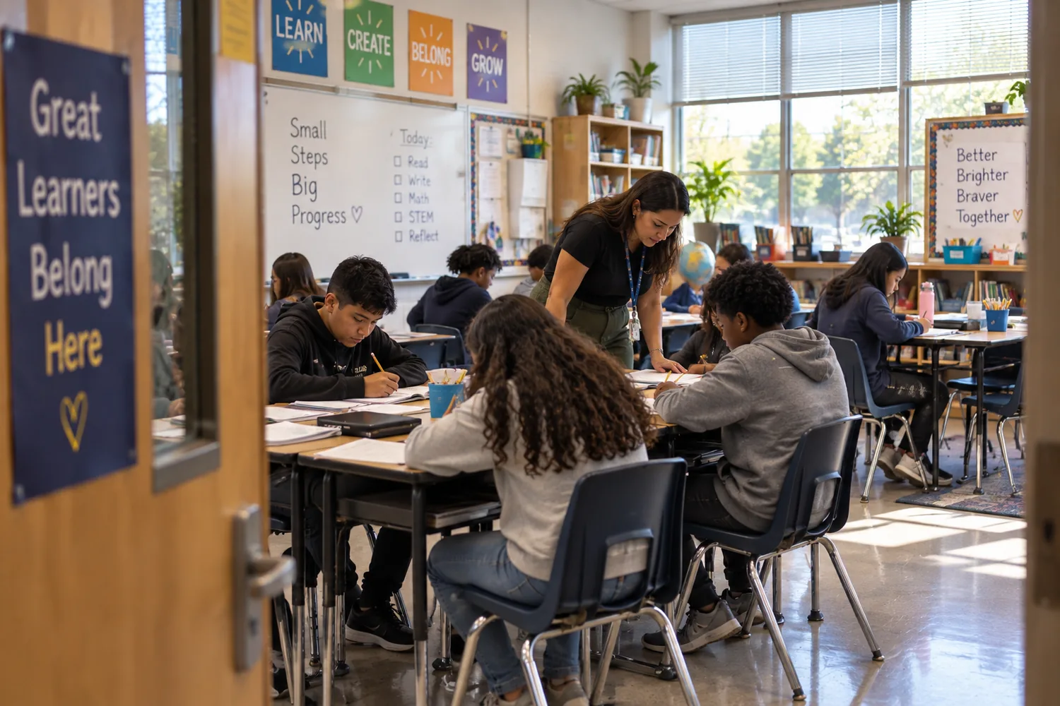 A classroom seen from the doorway, learners working at their desks while the teacher moves between them.