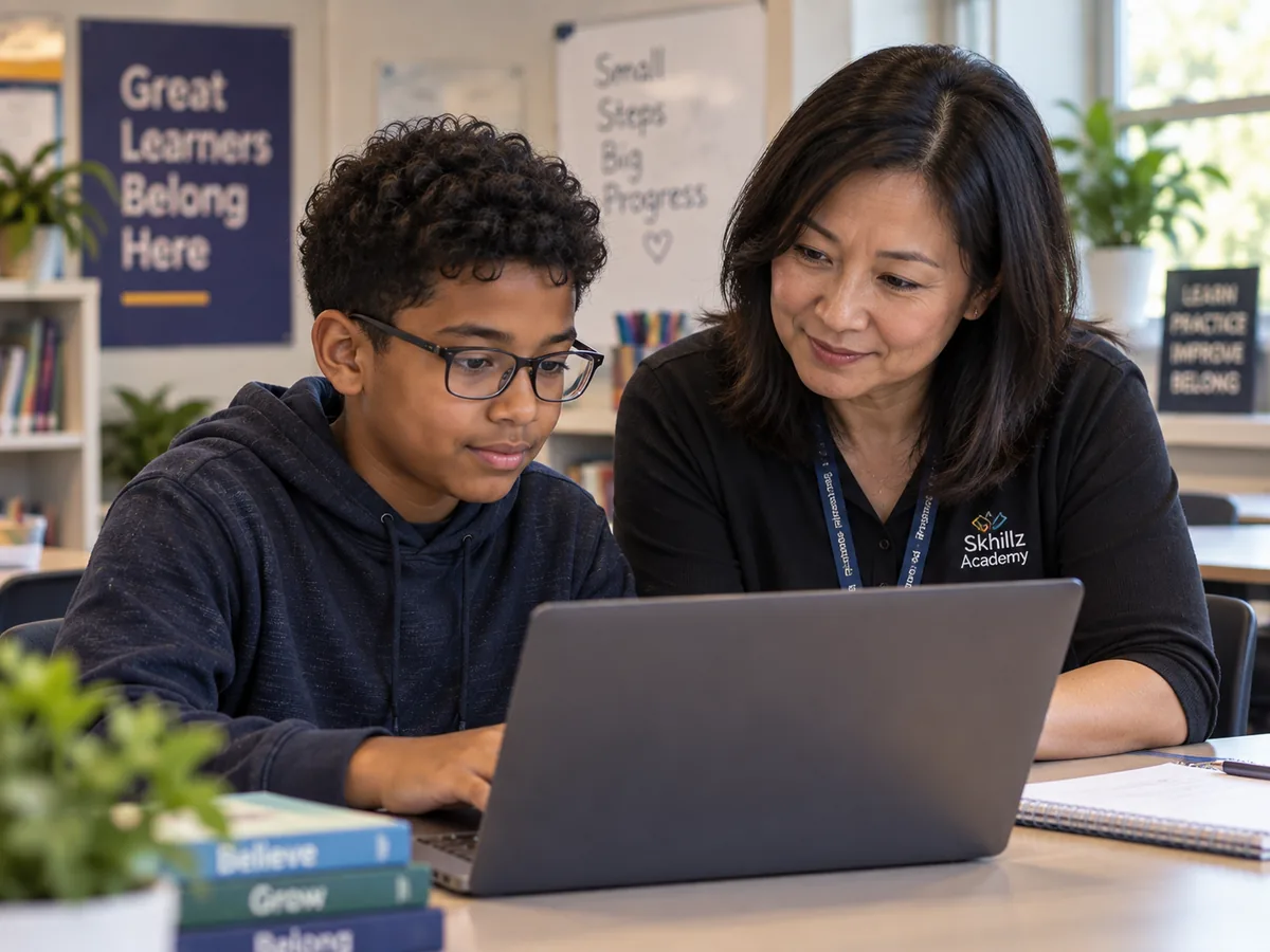 A specialist sitting beside one learner, both looking at the same laptop screen.