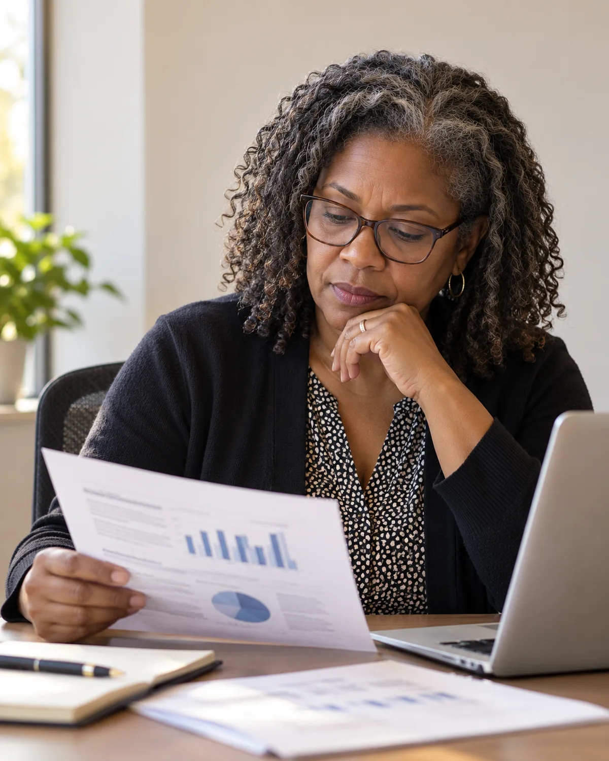 A district administrator reading a printed report, considering it.