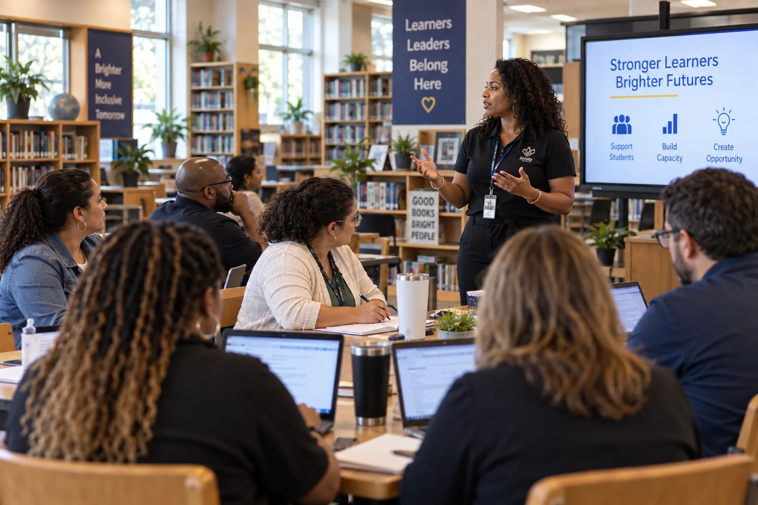 A professional development session: adults at tables with laptops while a facilitator presents.