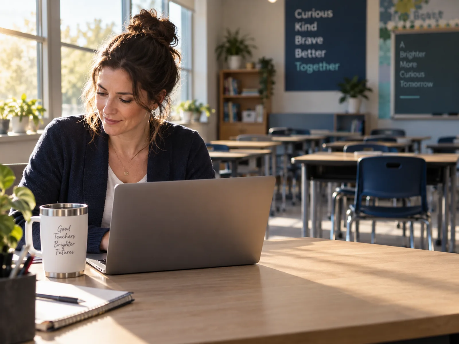 A teacher at her desk before school with a coffee and an open laptop, empty classroom behind her.