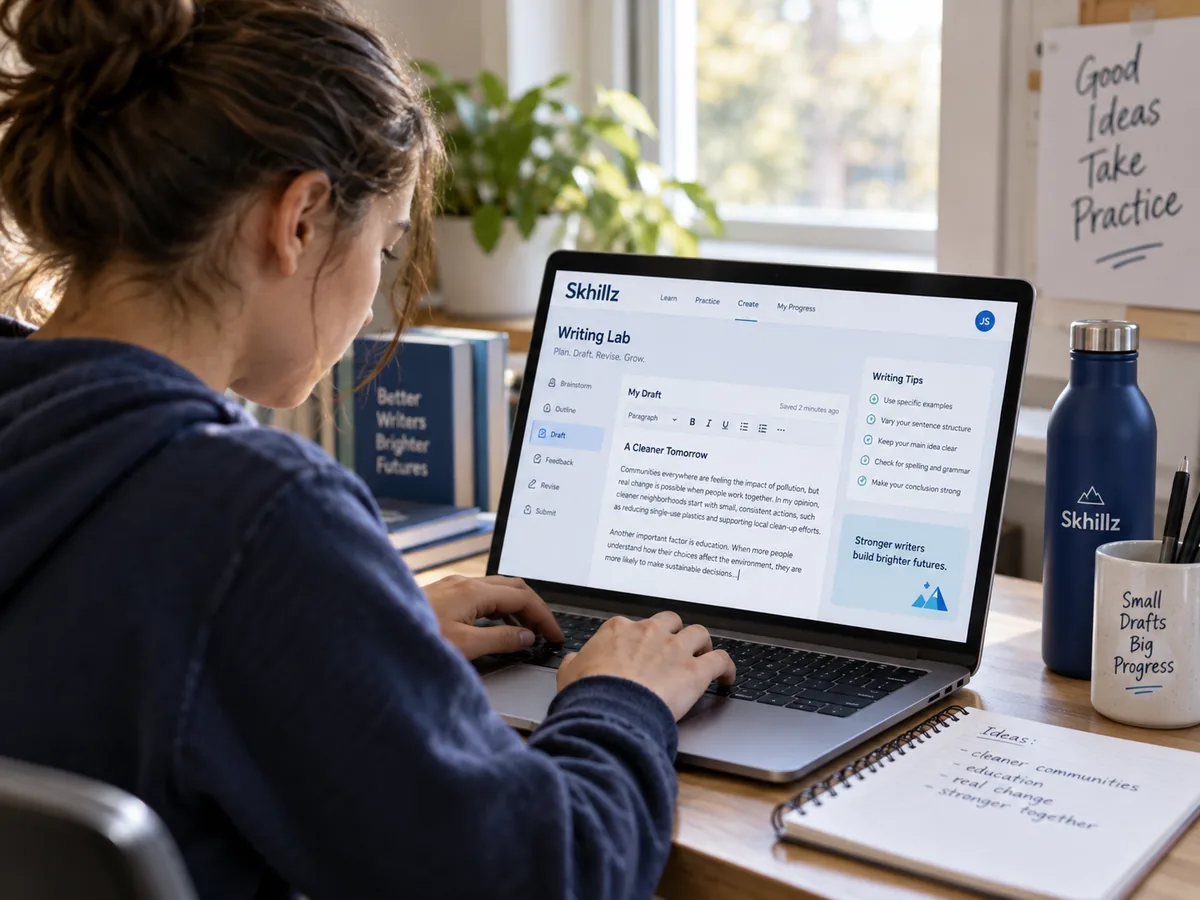 A student drafting on a laptop with the writing tool open on screen.