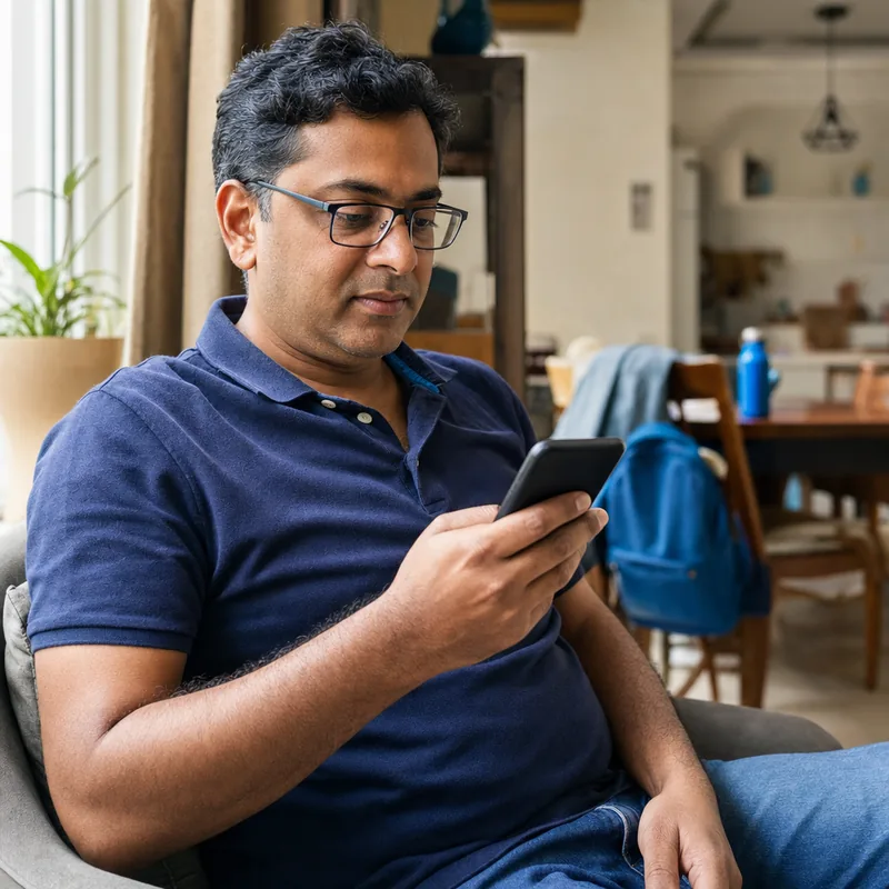 A parent at home reading a progress update on a phone.